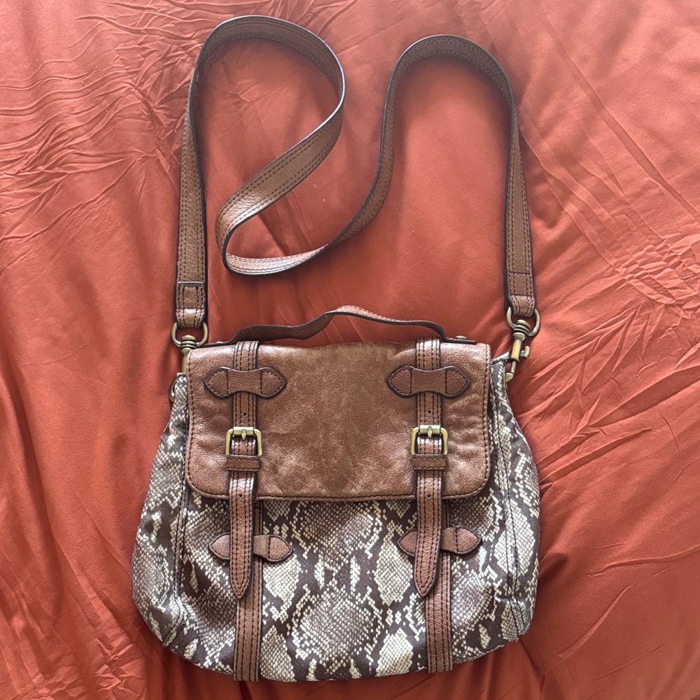 Brown Snake-Print Crossbody Satchel